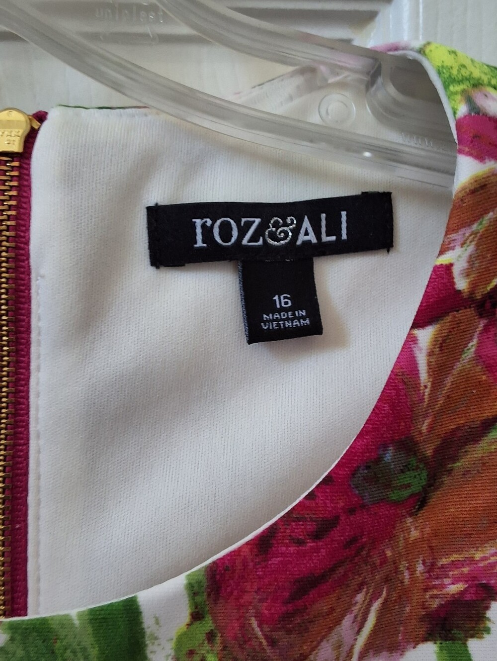 Roz & Ali, 16, White Dress with Pink, Fuschia, Lavendar Floral and Green Foliage - Picture 4 of 7
